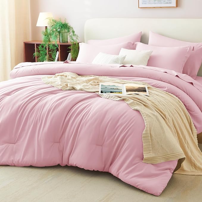 Full Size Comforter Set Pink, 7 Pieces Bed in a Bag | OEKO-TEX Certified, All-Season, Bedroom, 240GSM Down Alternative Comforter, Flat & Fitted Sheets, 2 Pillowcases & 2 Shams
