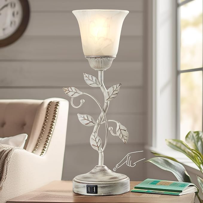 Rustic Touch Table Lamp for Bedroom with 2 USB C+A Ports | 3-Way Dimmable Nightstand Lamp, Retro Vintage White Glass Shade Leaf Desk Lamp for Living Room Entryway, LED Bulb Included