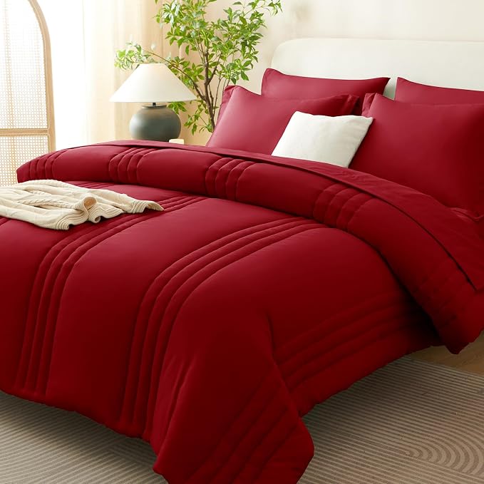 Full Size Comforter Sets Dark Red- 7 Pieces Bed in a Bag | OEKO-TEX Certified, 240GSM Down-Alternative Comforter, 14" Deep-Pocket Sheets, Shams & Pillowcases, Lightweight