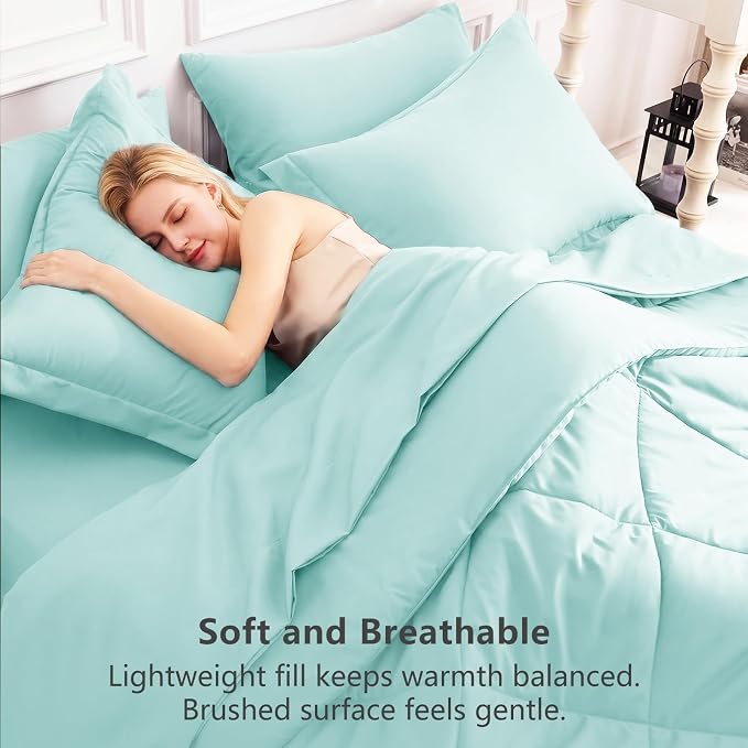 Oversized King Size Comforter Set Spa Blue - 7 Pieces Bed in a Bag | OEKO-TEX Certified, All Season, 240GSM Down-Alternative Comforter, Sheets, Pillowcases & Shams, 14" Deep Pocket, Easy Care