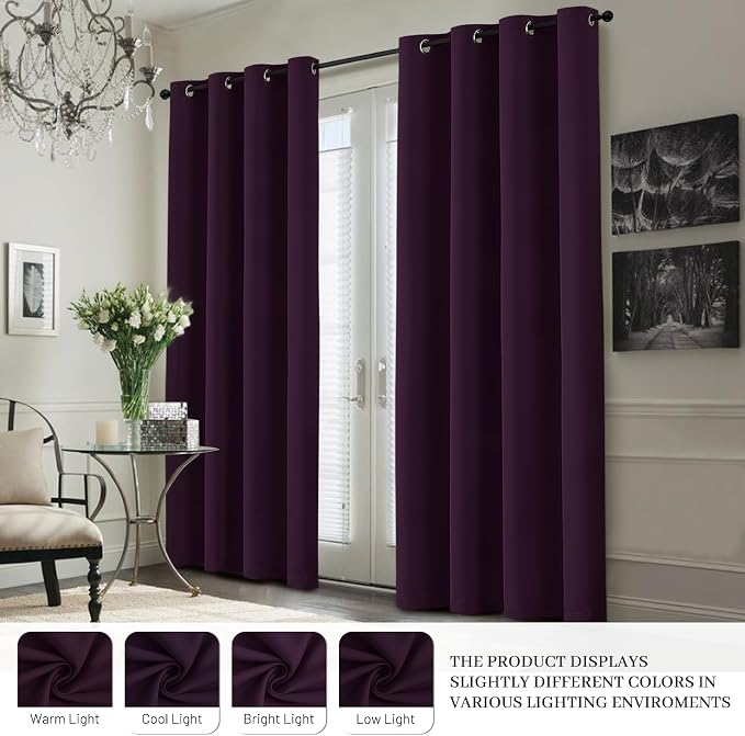 Yakamok Dark Purple 100% Blackout Curtains 84 Inches Long 40" Wide 2 Panels | Blackout Curtain Panels for Bedroom, 2 Thick Layers Grommet Top Thermal Insulated Drapes with White Back for Living Room