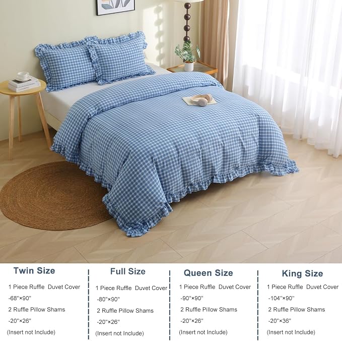 Silnuo Pastel Blue/White Plaid Ruffle Duvet Cover Set King Size | 100% Washed Cotton Farmhouse Gingham Checkered Bedding Set Vintage 3-Piece Comforter Cover Set(King,Pastel Blue/White)