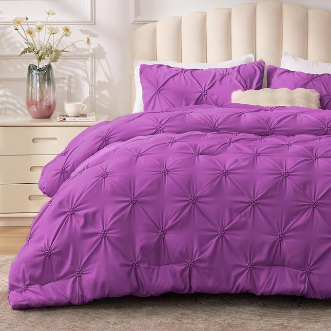 BEDELITE Queen Comforter Set Purple,Lightweight & Soft Comforter | Pintuck Boho Bedding, Warm & Cute Bed Set for All Season,With 2 Pillowcases