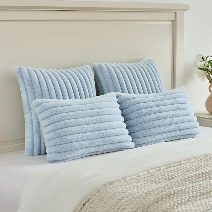 FUTEI Pack of 2 Faux Fur Throw Pillow Covers 18x18 Inch, Light Blue | Fluffy Faux Rabbit Fur Front/Premium Velvet Back,Hidden Zipper,Machine Washable,Non-Shedding,Colorfast,Insert Not Included.