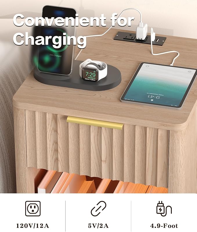 Akxomel Fluted Nightstand Set 2 Bedside Table with Charging Station Oak | Wooden Side Table with LED Light, Modern Mid Century End Table with Drawer, 15" D x 15.7" W x 22.6" H, for Bedroom