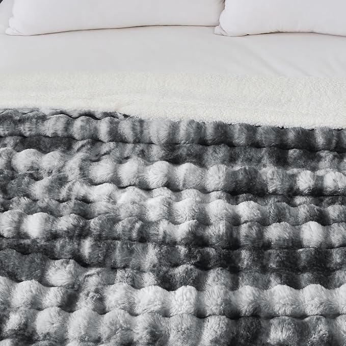 60x80 Inches Ultra-Soft Fuzzy Faux Fur Plush Twin Size Blanket - Thick, Warm Sherpa for Couch, Sofa, Bedroom, Camping - Decorative Blanket for Cozy Warmth, Bubble Light Grey Tie Dye
