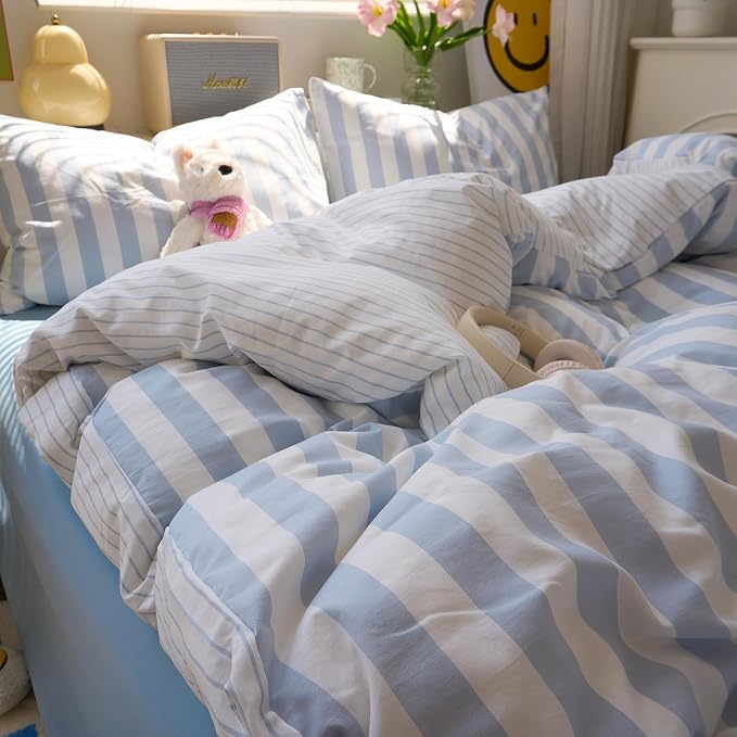 LifeTB Blue Striped Comforter Set Twin XL, Vintage Blue White Stripes Pattern Printed Comforter with 2 Pillowcases, Breathable Soft Lightweight Bedding Comforter Boho Farmhouse Striped Comforter Set