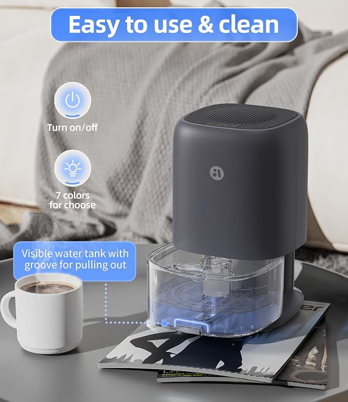 35 OZ Dehumidifier for Bedroom RV, Quiet with Auto Shut Off, Grey | 280 Sq.Ft Small Dehumidifiers for Home Bathroom Closet, 7 Color Light, 28dB Ultra Quiet, 35OZ Water Tank