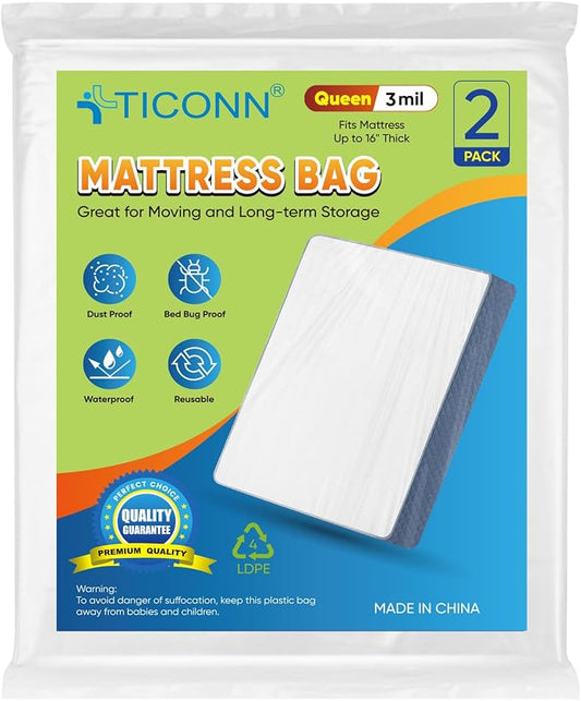 TICONN 2PK Plastic Mattress Bags for Moving, Waterproof Mattress Cover | 3D Gusset Design, Tear Resistant & Dust Protection, Multiple Sizes /Thickness Options, Reusable Mattress Protector