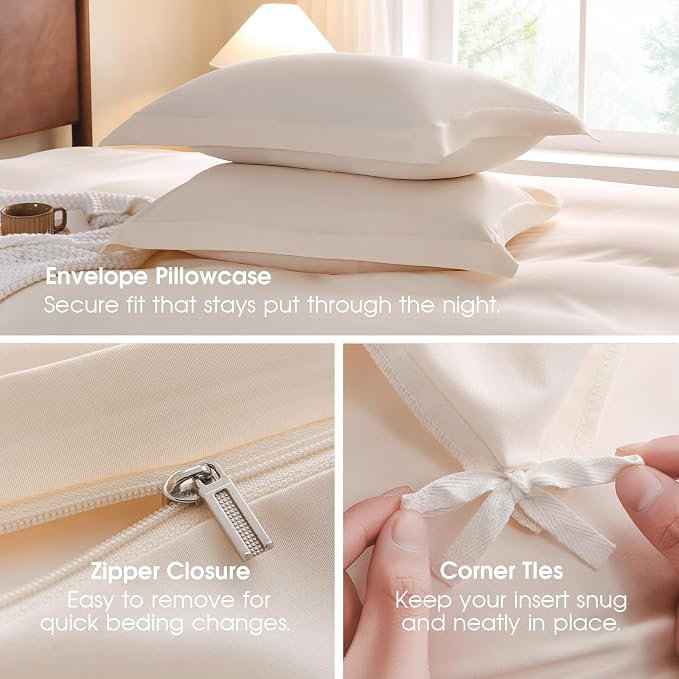 FreshCulture Duvet Cover Full Size - 3 Pieces Microfiber Duvet Cover Set with Zipper Closure - Lightweight & Easy Care - 1 Comforter Cover & 2 Pillow Shams - Comforter Not Included (Cream)