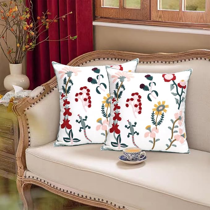 Pack of 2 Embroidered Decorative Throw Pillow Cover 18x18 Inch Farmhouse Floral Pillowcase for Living Room Sofa Bed (Gecko Floral)