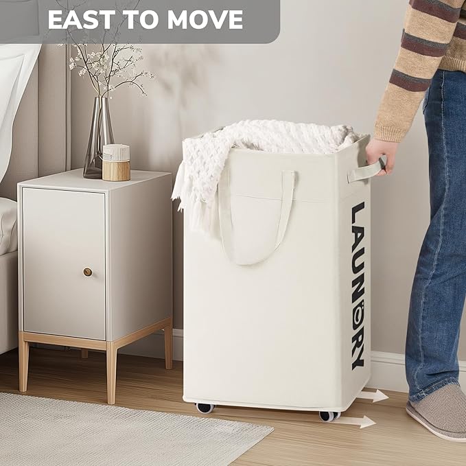 Goodpick 75L Laudnry Basket with Wheels & Removable Wash Bag for Dorm | Rolling Clothes Hamper with Handles for Dirty Clothes, Fodable Laundry Basketr for Dorm Room White