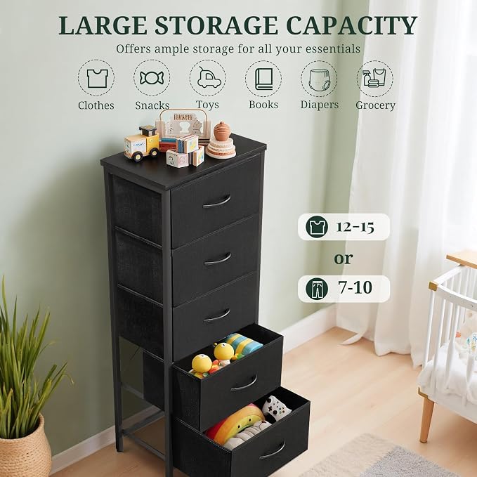 5 Drawers Dresser for Bedroom Fabric Storage Tower with Wooden Top | Steel Frame Tall Chest of Drawers for Closet, Entryway, Dorm, Black