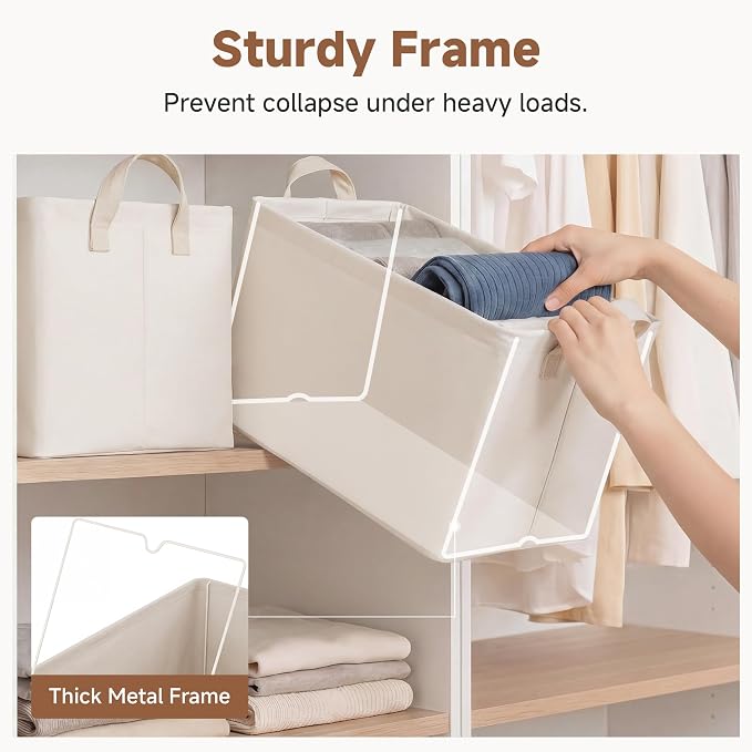 StorageWorks Fabric Storage Bins, Storage Basket for Shelves, Beige, 2-Pack | With PU Handles, Wrinkle-Resistant Cottlyn Fabric, Foldable, For Bedroom, Bathroom, Laundry, Holds Clothes, Towels, Blankets