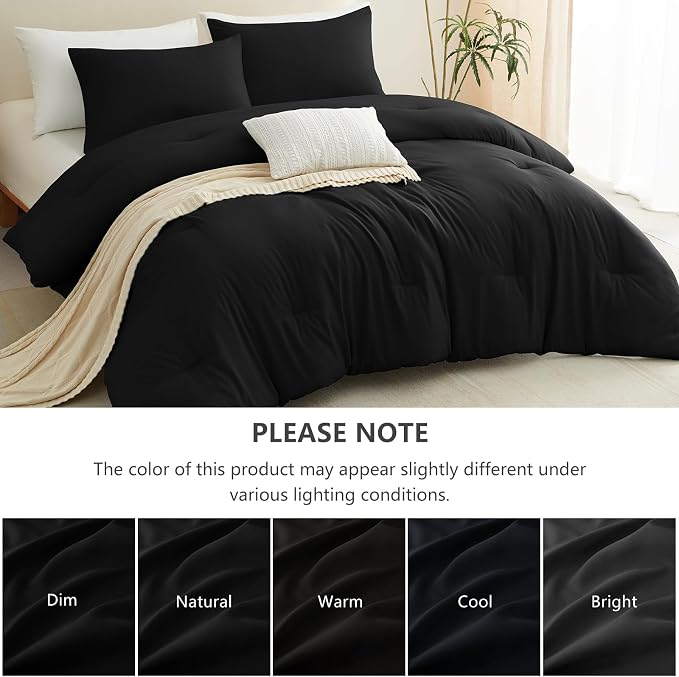 Oversized Queen Comforter Set, 3 Pieces Black Quilted Bedding | 270 GSM Down Alternative Fill, 4 Corner Ties for Duvet Insert Use, All Season, OEKO-TEX Certified, 2 Pillowcases, 98 x 98 in