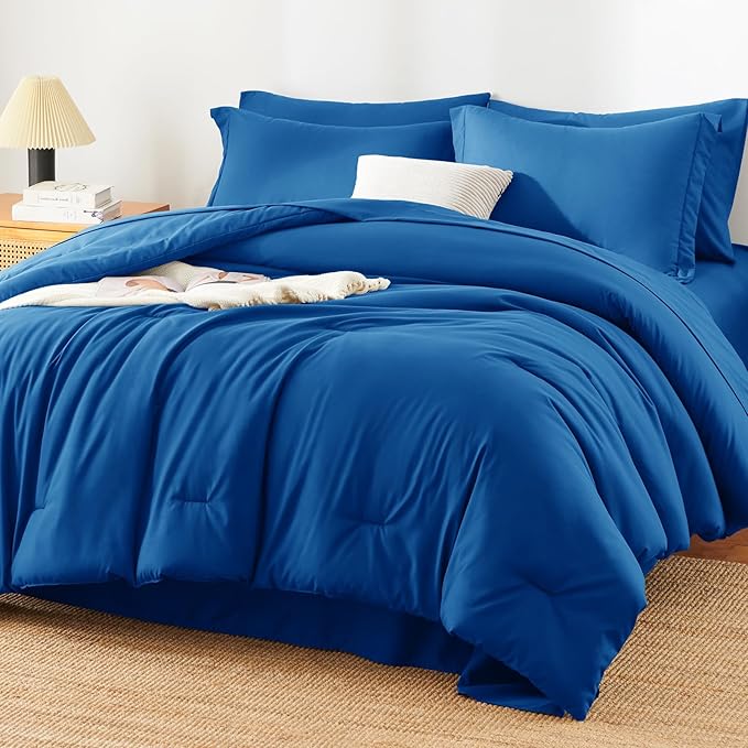 HIMEET Queen Comforter Set, 7-Piece Point-Quilted Bed in a Bag Classic Blue | OEKO-TEX Certified, Lightweight 240 GSM Comforter, Flat Sheet, 14-Inch Deep-Pocket Fitted Sheet, Pillowcases & Shams