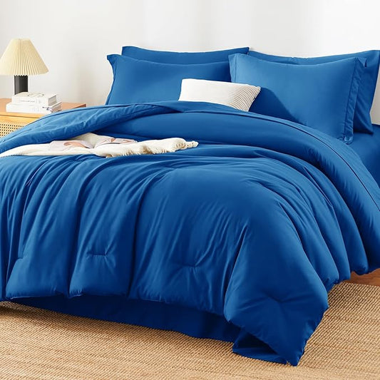 HIMEET Queen Comforter Set, 7-Piece Point-Quilted Bed in a Bag Classic Blue | OEKO-TEX Certified, Lightweight 240 GSM Comforter, Flat Sheet, 14-Inch Deep-Pocket Fitted Sheet, Pillowcases & Shams