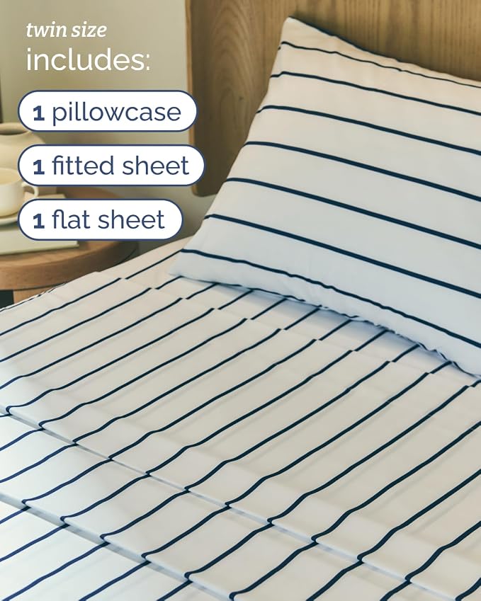 Twin 3 Piece Striped Sheet Set - Soft, Breathable & Cooling - Navy Stripe | 1 Flat, 1 Fitted & 1 Pillowcase w/ Deep Pockets, Luxury Striped Bedding, Soft, Breathable & Cooling, Wrinkle & Fade Free