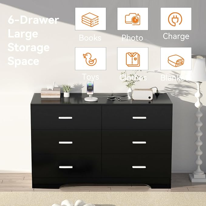 FJTJBSI Dresser with Power Outlets Wooden 6 Drawer Dresser with USB and Type C Port Chest of Drawers for Bedroom Tall Black Organizer Storage for Living Room Hallway Closet