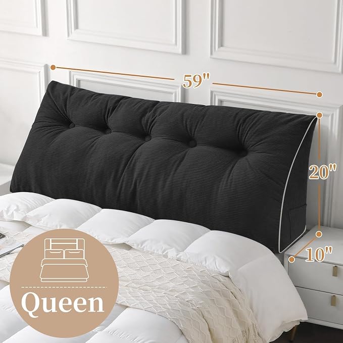 Sasttie Headboard Pillow Queen, Wedge Pillow Headboard, Black | Triangle Backrest Cushion for Sitting or Reading in Bed, Dorm Essentials, OEKO-TEX, Down Alternative Fill, Side Pockets