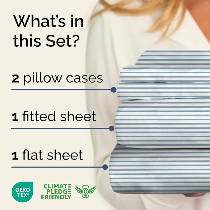 Cal King 4 Piece Striped Sheet Set - Breathable & Cooling - Ocean Stripe | 1 Flat, 1 Fitted & 2 Pillowcases w/ Deep Pockets, Luxury Striped Bedding, Soft, Breathable & Cooling, Wrinkle & Fade Free