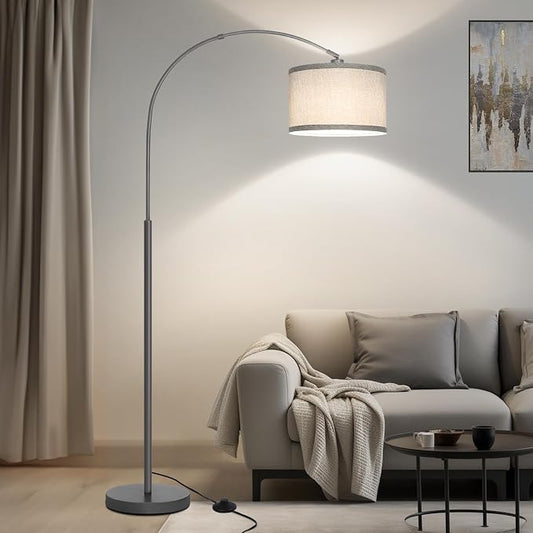 Modern Floor Lamp, Arc Standing Lamp with Gray Lampshade and Pedal Switch | Tall Pole Lamp with Adjustable Lamp Head, Over Couch Reading Light for Living Room, Bedroom, Office, Study Room