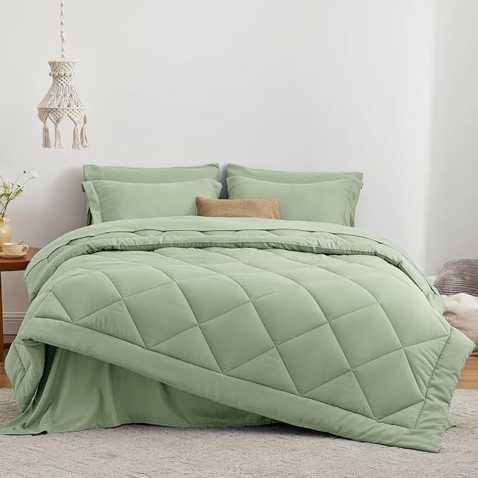 Love's cabin Twin Comforter Set Sage, 5 Pieces Twin Bed in a Bag, All Season Bedding Sets with 1 Comforter, 1 Flat Sheet, 1 Fitted Sheet, 1 Pillowcase and 1 Pillow Sham