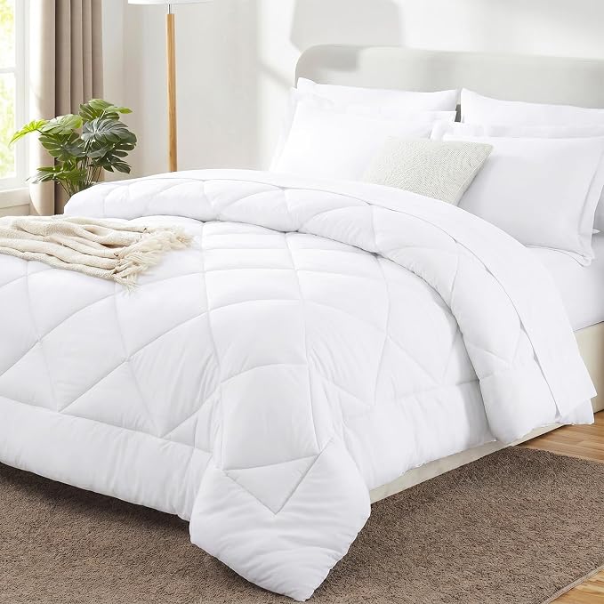 Full Size Comforter Sets White - 7 Pieces Complete Bedding Set | OEKO-TEX Certified, All Season, 240GSM Down-Alternative Comforter, Sheets, Pillowcases & Shams, 14" Deep Pocket, Easy Care