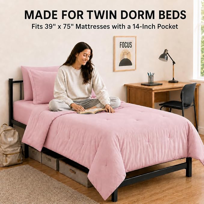HIMEET Twin Comforter Sets, 5-Piece Point-Quilted Bed in a Bag, Pink | OEKO-TEX Certified, Lightweight 240 GSM Comforter, Flat Sheet, 14-Inch Deep-Pocket Fitted Sheet, Pillowcase & Sham