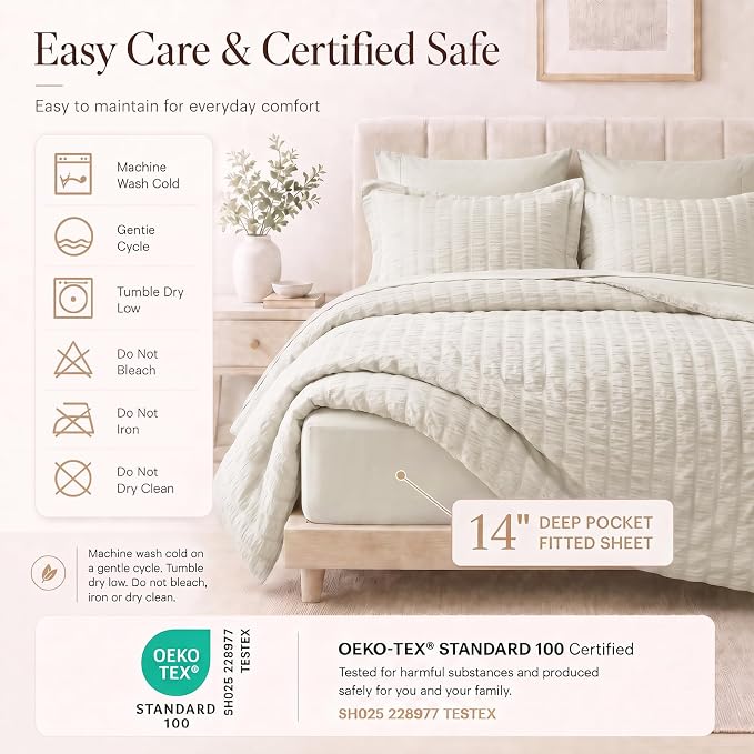 Oversized Queen Comforter Set, 7-Piece Beige Seersucker, 98 x 98 in | OEKO-TEX Certified All Season Bed in a Bag with 240 GSM Down Alternative Comforter, Flat & Fitted Sheets, Pillowcases & Shams