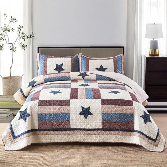 VISIMISI Cotton Bedding Quilt Sets 3 Pieces Reversible Coverlet Sets All Season Boys Real Patchwork Bedspread,Star Pattern,Queen Size | Breathable material
