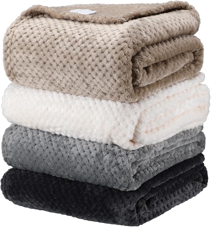Newwiee 4 Pcs Fleece Throw Blanket, 3D Waffle Textured,Neutral Color | Soft Lightweight Set for Couch Bed Sofa, Warm Winter Throws, No Shedding Pilling, Flannel Waffle Texture, 50x60 Inch