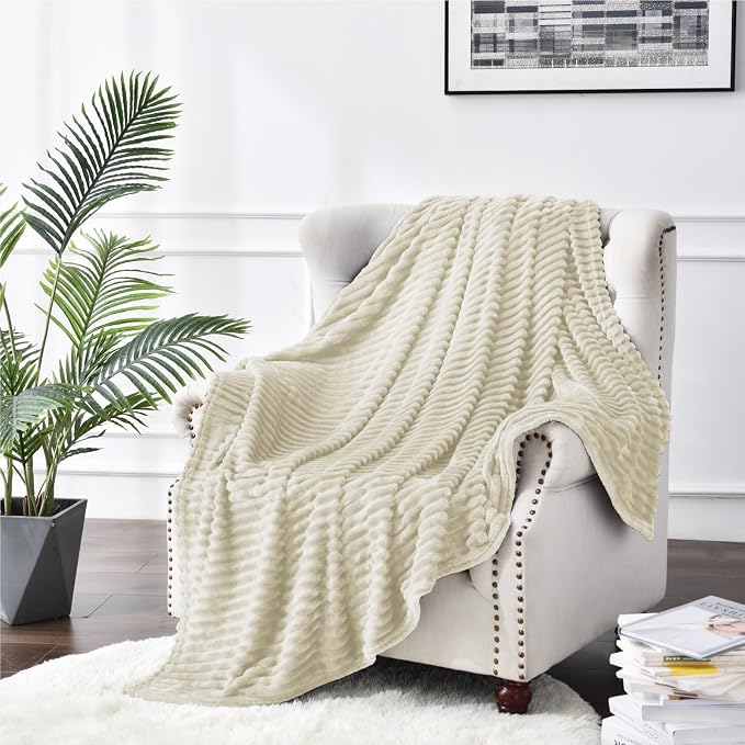 BEDELITE Ribbed Jacquard Beige Fleece Throw Blanket for Couch, 50x60 Inch | Soft Warm Decorative Fluffy Blanket, Cozy Plush Lightweight Fuzzy Throw Blanket for Bed Sofa Home Room Decor, Gift for Women