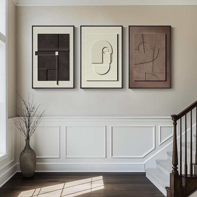 3D Textured Framed Abstract Wall Art Set, 3 Piece Modern Artwork, 16x24 In | Solid Wood Frames, Sandstone Textured Paintings, Black White Brown Sculptural Pictures Wall Decor Living Room Bedroom Office
