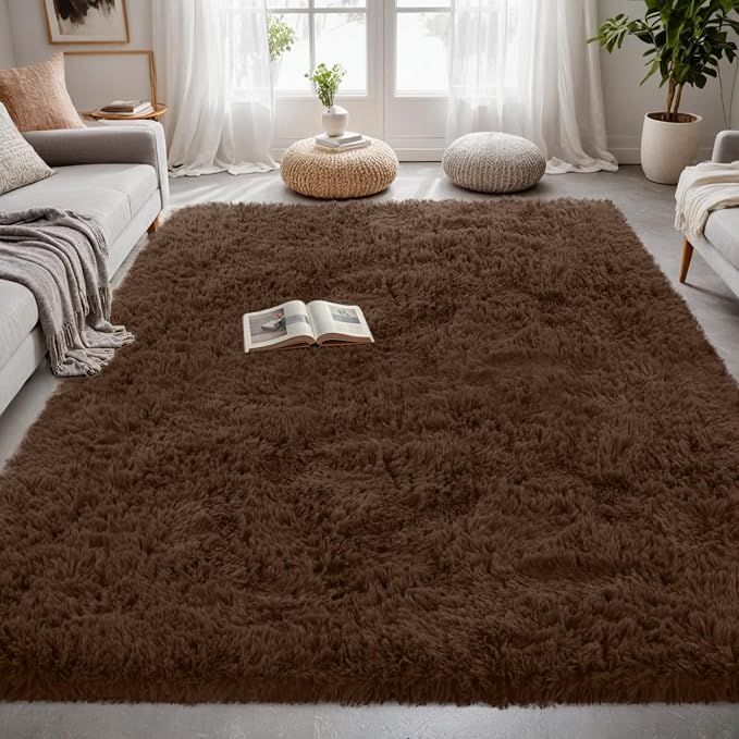 5x7 Fluffy Shag Area Rugs for Living Room Bedroom: Soft Plush Carpet Brown | Upgraded Non-Slip Thick Memory Foam, Ultra Soft, Non-Shedding Fuzzy Carpet, Easy Clean Decor for Kids Room, Nursery, Playroom