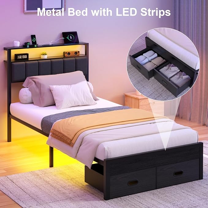 Twin Bed Frames with Storage Drawer, Platform Bed with Charging Station and LED Lights, Upholstered Headboard with 2-Tier Storage Shelves, No Box Spring Needed