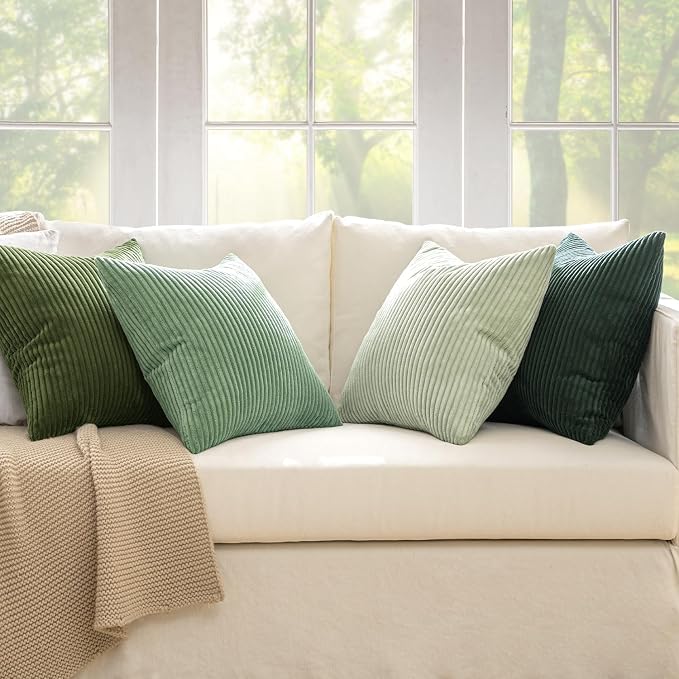 MIULEE Soft Corduroy Decorative Throw Pillow Covers Forest Green 22x22 | Set of 4, Mordern Nordic Home Decor, Gradient Color Matching, Boho Farmhouse Cushion Covers for Couch Bed Sofa Living Room