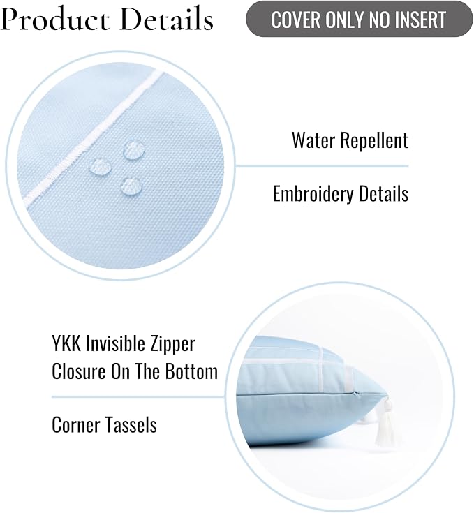Hofdeco Premium Coastal Patio Indoor Outdoor Lumbar Pillow Cover Only, 12"x20" Water Repellent for Backyard, Couch, Baby Blue Embroidered Line Frame