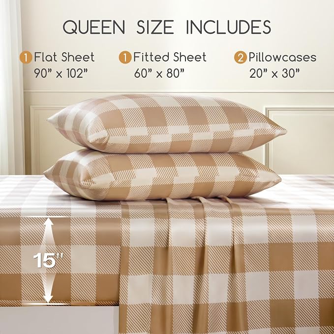 MR&HM Satin Sheets Queen Size with Elastic Corner Straps, Latte Check | Similar to Silk, 4-Piece Silky Soft Bed Sheet Set, Gentle on Skin and Hair, 15" Deep Pocket, Cooling & Breathable