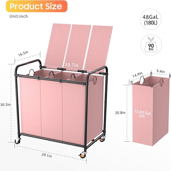 180L Laundry Sorter 3 Section, Rolling Laundry Basket with Wheels and Lid | 47.55 Gal Laundry Hamper, 3 Separated Removable Bags, Lockable Wheels, Dirty Clothes Hamper for Laundry Room Organizer, Pink