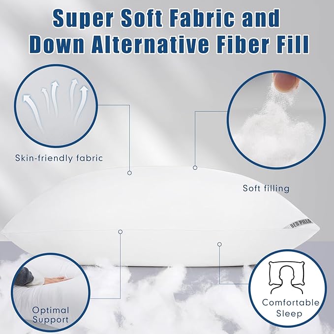 King Size Pillows 4 Pack, Soft Firm Support for Side Back Stomach Sleepers | Set of 4 king pillows with down-alternative plush fill. Breathable & supportive for back, stomach, or side sleepers.