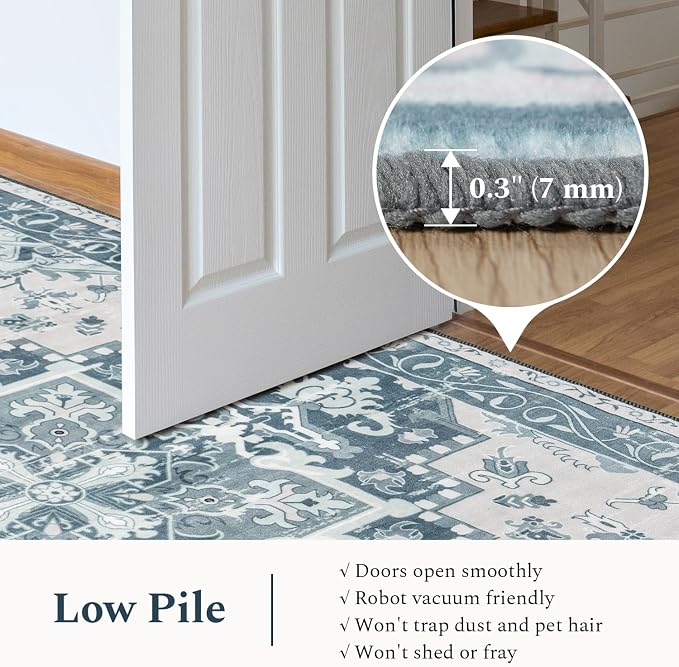 Rugflix 9x12 Area Rugs for Living Room, Washable Light Blue Large Rug | Machine Washable; Stain-Resistant; Low Pile; Non-Slip; Boho Vintage Printed; Carpet for Bedroom Dining Office Nursery Home