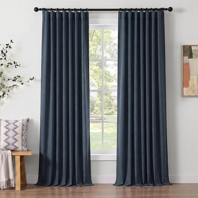 INOVADAY 100% Blackout Curtains for Bedroom Black Out Curtains 72 Inch Long | Navy Blue Curtains for Living Room 2 Panels, Clip Rings Linen Look Blackout Drapes, Thermal Insulated Room Darkening,W50xL72