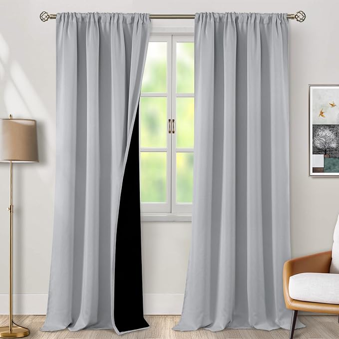 BGment Light Grey 100% Blackout Curtains for Living Room 108 Inch Length | Thermal Insulated Soundproof, Light Blocking Dark, Black Out Curtains for Bedroom, 2 Panels, 52 x 108 Inch
