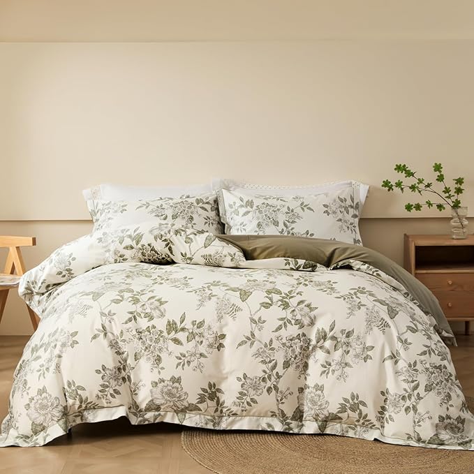 OAITE King Duvet Cover Set 3pcs 100% Cotton 600 Thread Count with Floral | Luxury Soft, Breathable,Long Staple Cotton,Dual Zipper,8 Corner Ties,Easy Care for All Season