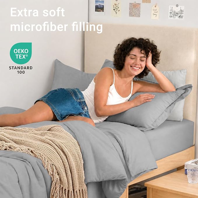 5 Pieces Twin XL Comforter Set, Soft Bed in a Bag Twin XL Size, All Season Bedding Set with Comforter, Flat Sheet, Fitted Sheet, Pillowcases & Shams, Light Grey