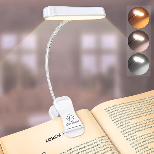 Glocusent Rechargeable Book Light, Clip on Light for Bedtime Reading | Eye Caring, 3-Color, 5 Brightness, Ergonomic, Traveling, Stocking Stuffers Gifts for Book Lover, 1.8Oz Lightweight & Portable