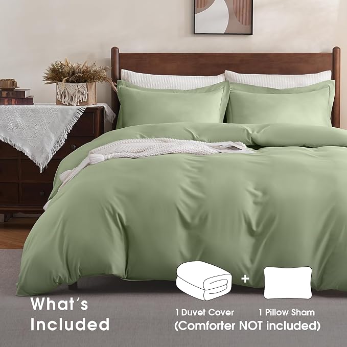 FreshCulture Duvet Cover Full Size - 3 Pieces Microfiber Duvet Cover Set with Zipper Closure - Lightweight & Easy Care - 1 Comforter Cover & 2 Pillow Shams - Comforter Not Included (Sage)