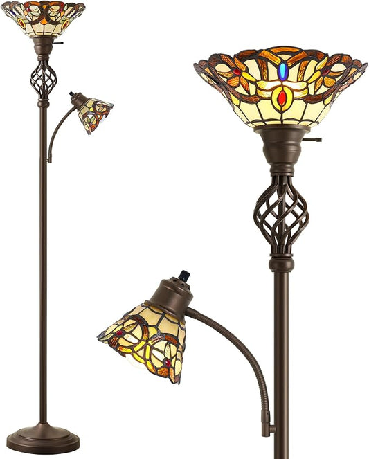 GyroVu Torchiere Floor Lamp for Living Room, Tiffany-Style Reading Light | Stained Glass Lampshade, 72" Tiffany-Style Tall Lamps for Bedroom Corner Home Office, Bulbs Included