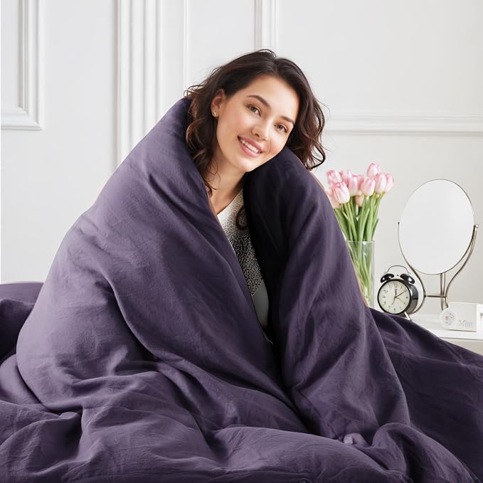 NEXHOME PRO 100% Washed Cotton Duvet Cover Twin Size, Ogranic Natural Linen Feel Breathable Bedding Set with Zipper Closure, 2 Pieces Includes 68x90 Inch Cover & 1 Pillowcases Eggplant (No Comforter)
